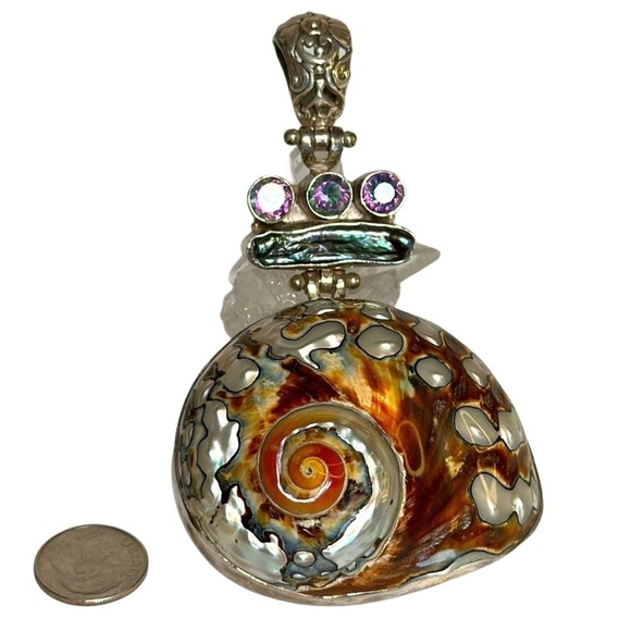 MAJESTIC FIRE TOPAZ 925 Abalone Pearl Large Polished Sarmaticus Shell Pendant